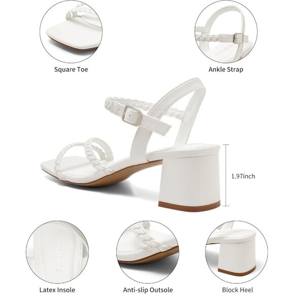 Women's White Sandals 1.97 inch Low Chunky Block Heels Square Open Toe w Strap - Picture 5 of 7